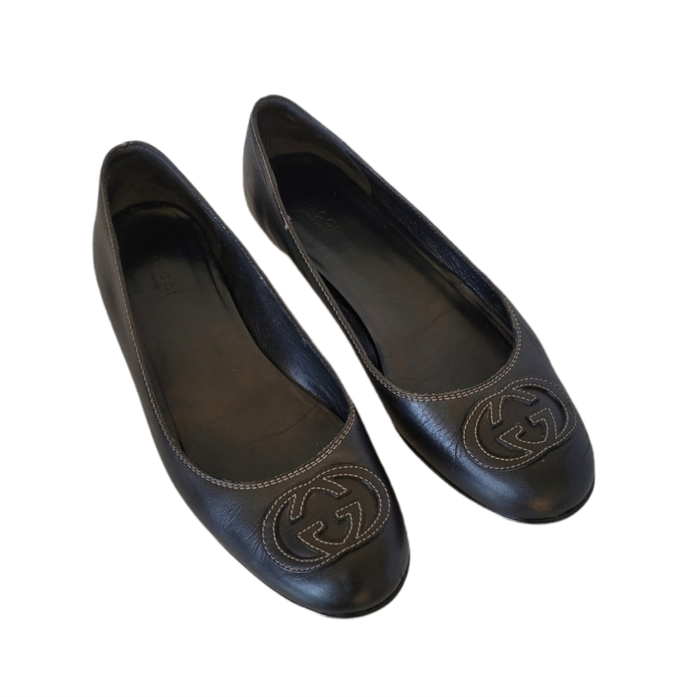 Gucci GG Ballet Flats Black Leather White Stitching GUC Size 39
